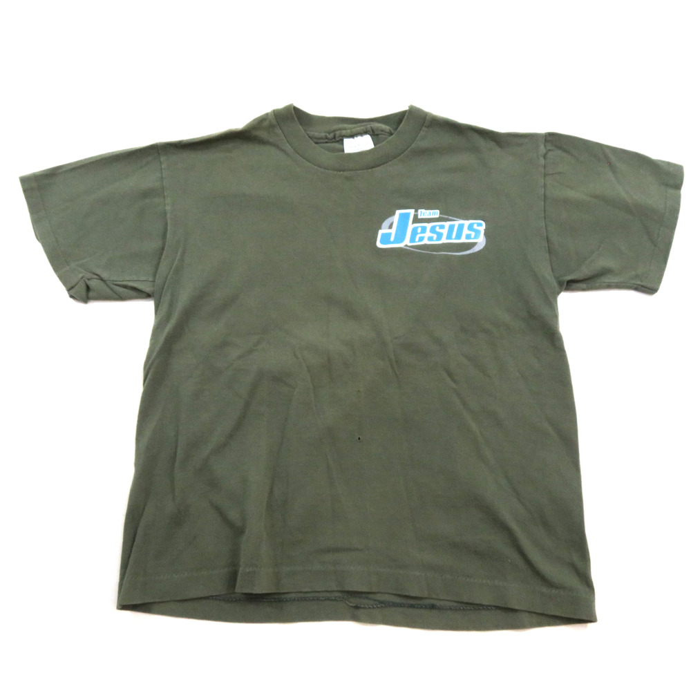 Team Jesus T-Shirt Double Sided Graphic Green Boys Youth Sz L Vintage 1990s